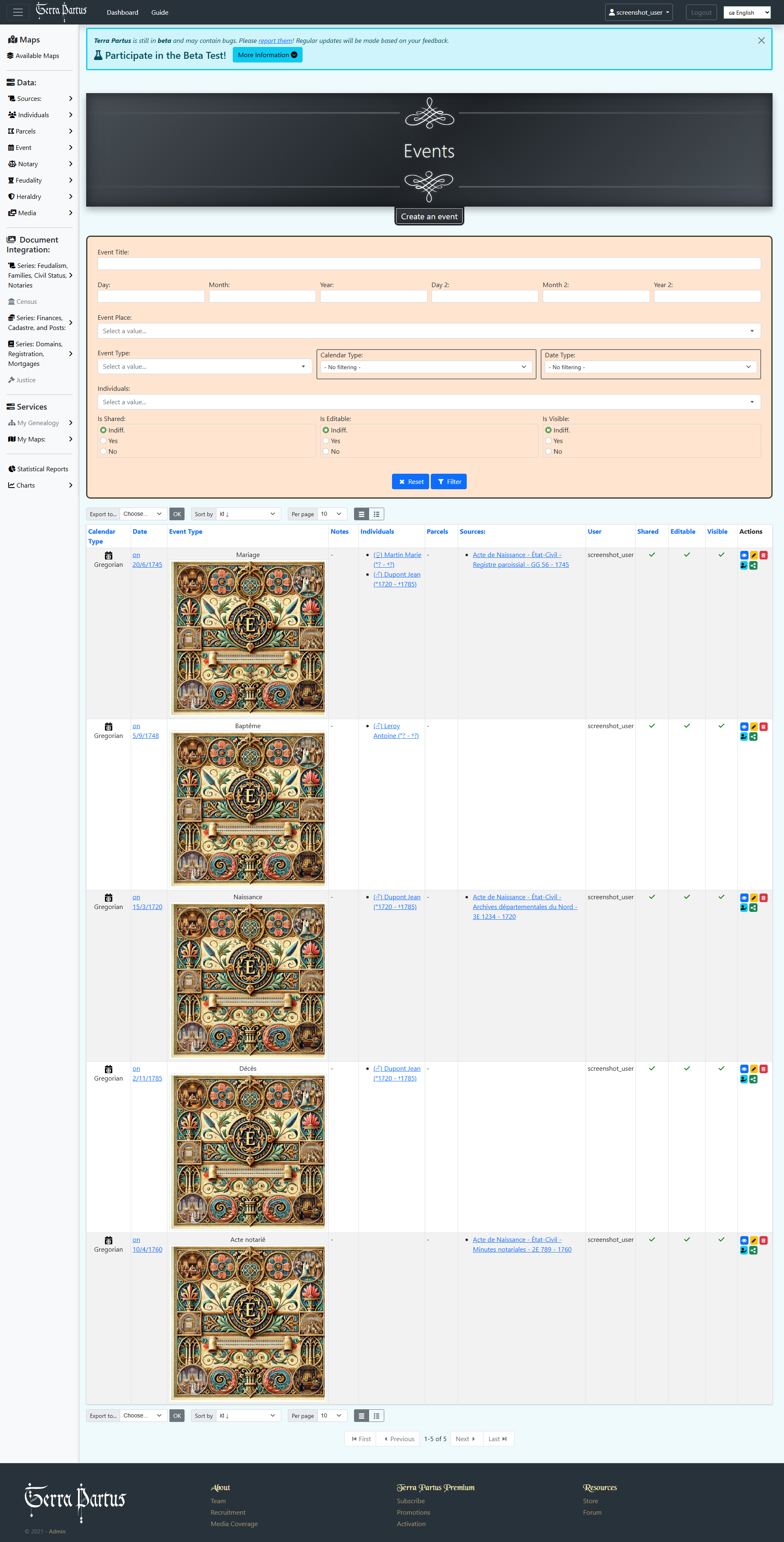 Liste des evenements