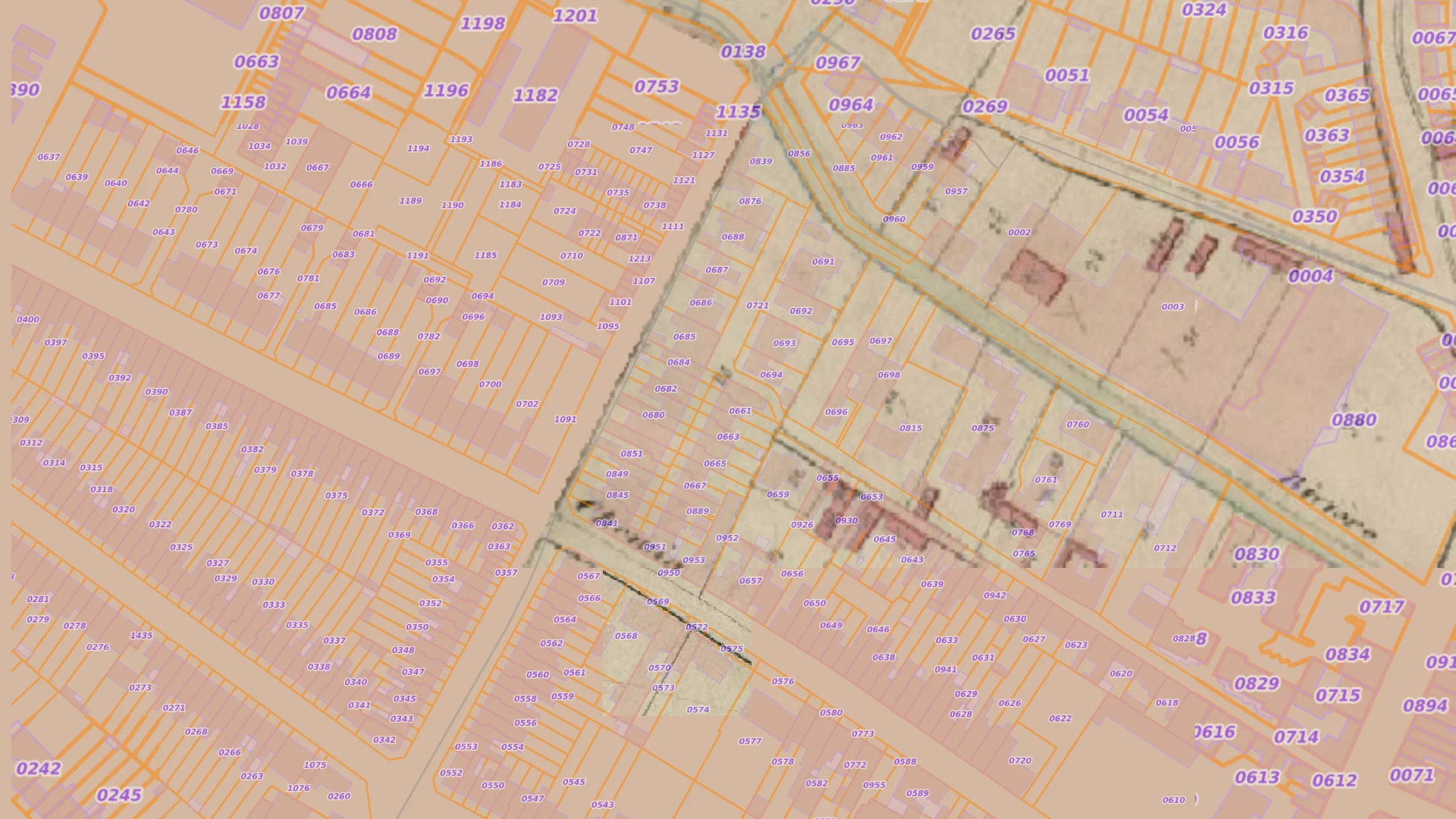 Napoleonic cadastre with modern overlay, numbered parcels