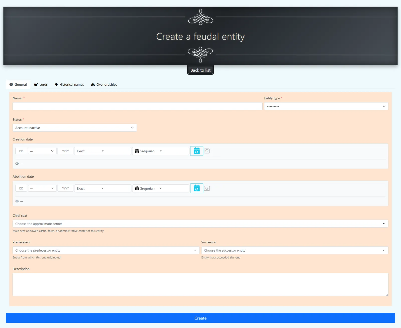 Feudal entity creation form