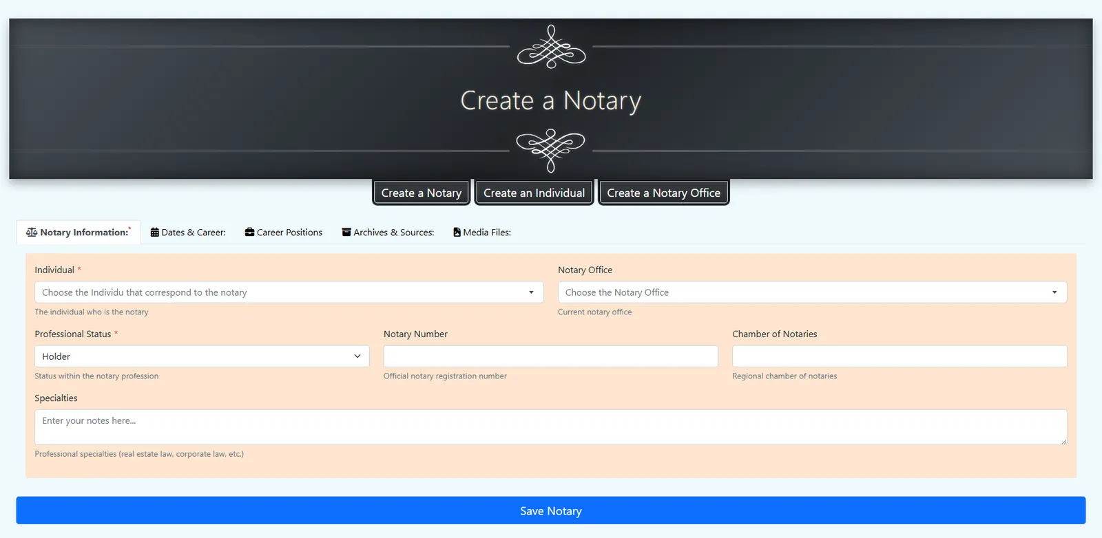 Notary creation form