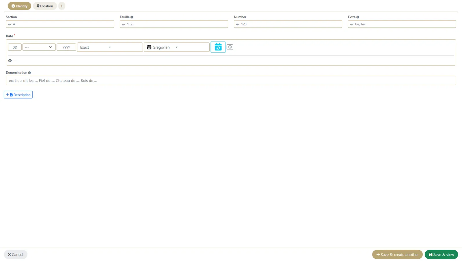 Parcel creation form