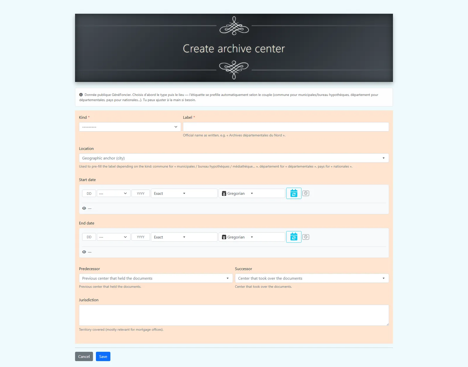 Archive center creation form