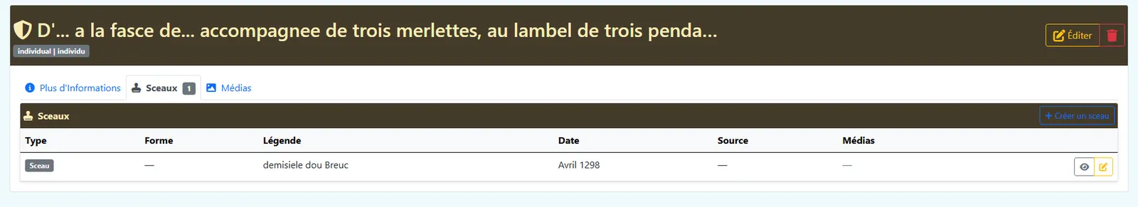 Fiche héraldique — Onglet « Sceaux »