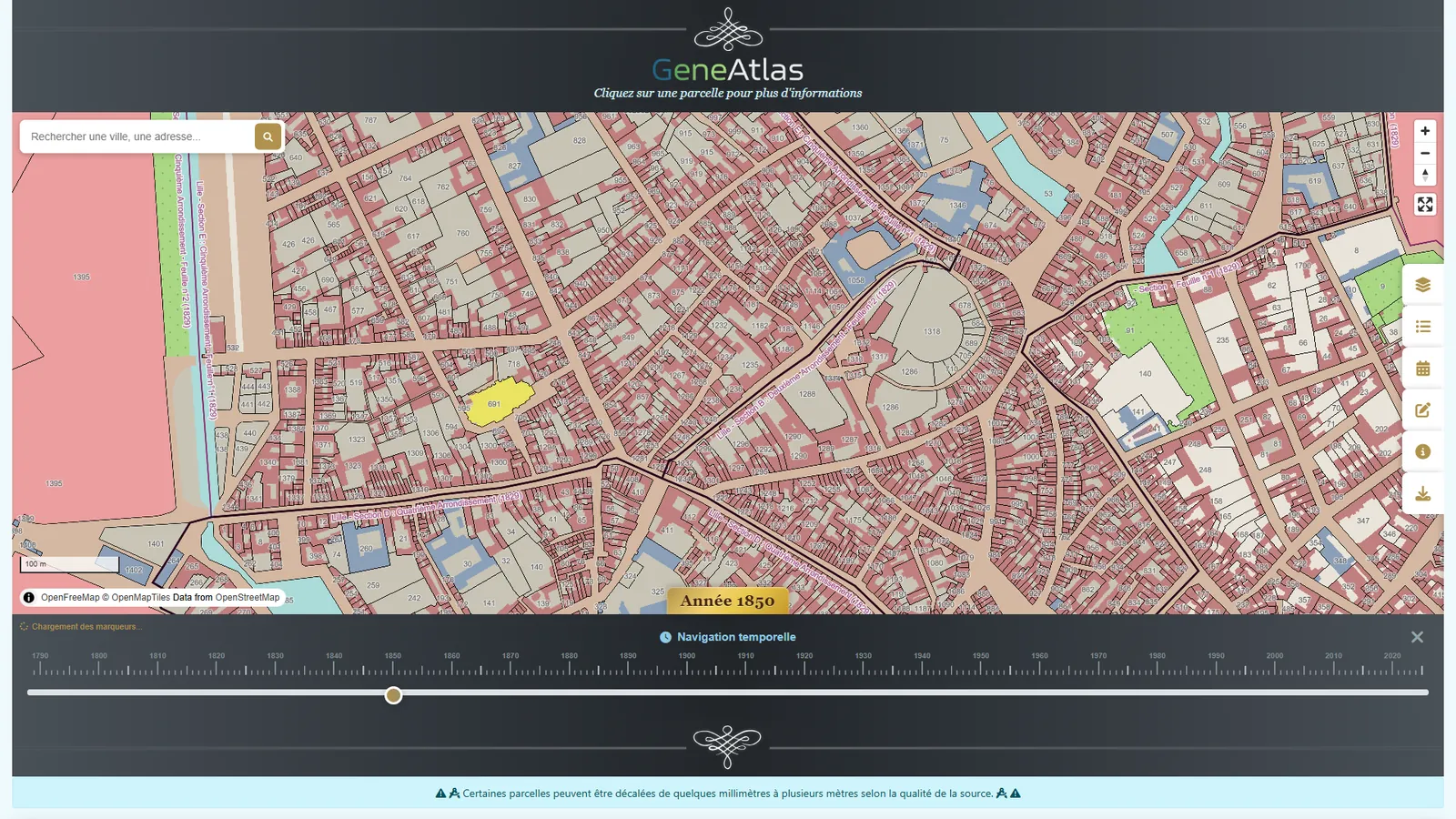 Navigation temporelle — frise chronologique avec marqueurs