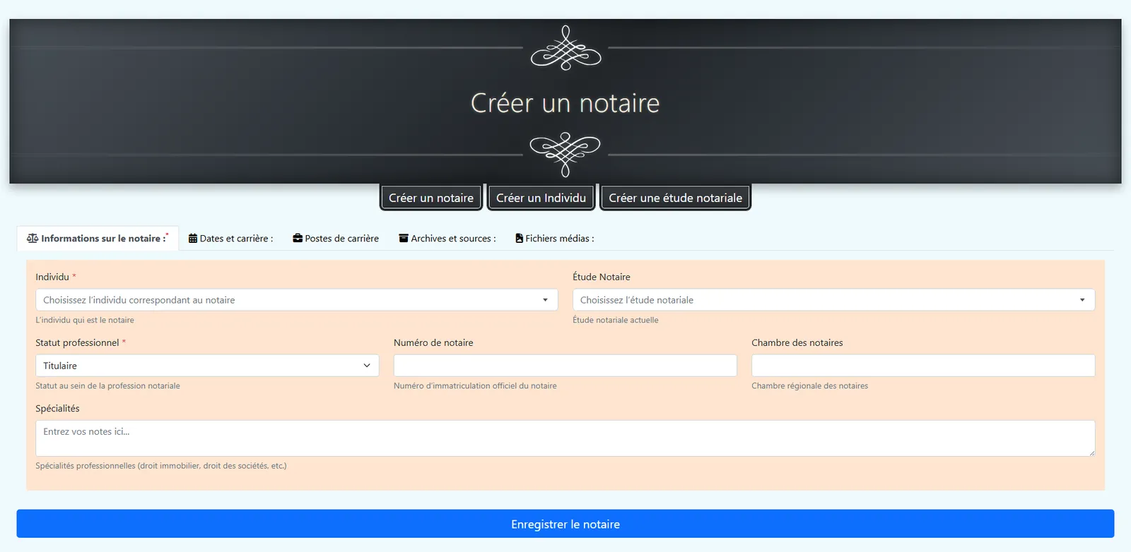 Formulaire de création notariée